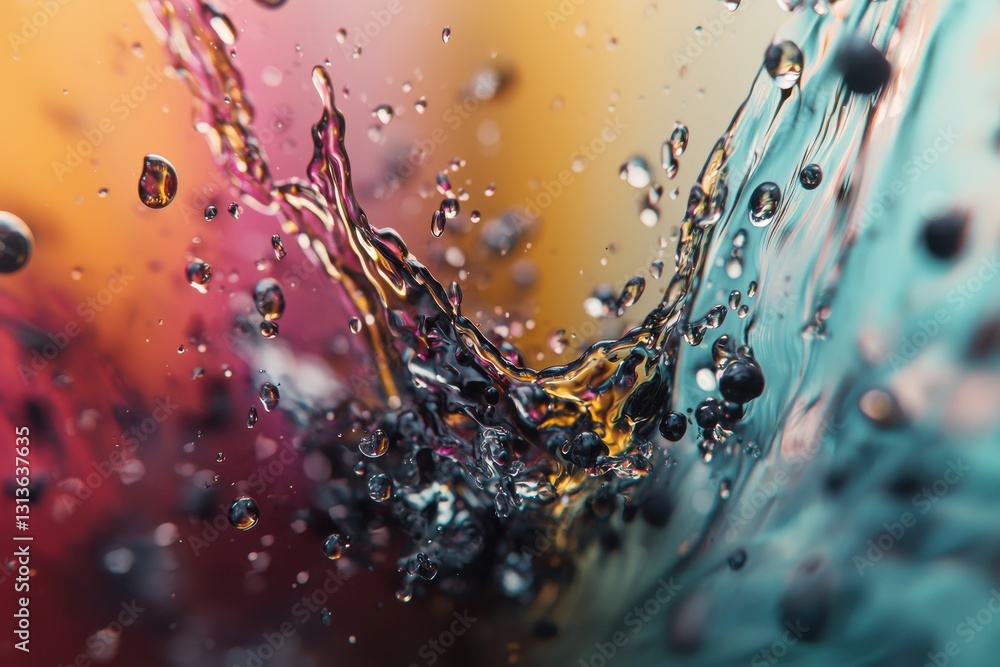 Poster colorful water splash with various droplets, creating a dynamic and artistic visual, featuring vibra