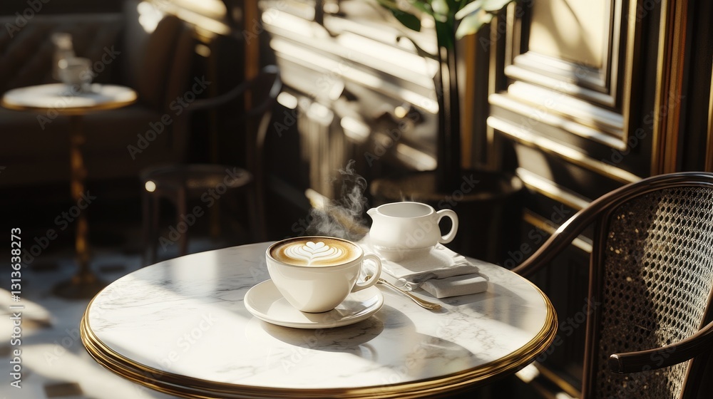Poster a delicious cappuccino with latte art served on a marble table in a sunlit cafe ideal for relaxing c