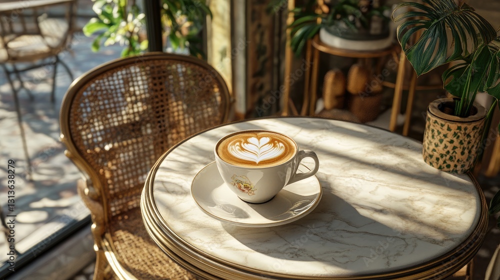 Poster A delicious cappuccino with latte art served on a marble table in a sunlit cafe ideal for relaxing coffee moments and cafe lovers.