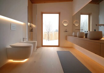 Fototapeta premium Modern Minimalist Bathroom Interior Featuring Sleek Fixtures, Natural Light, Wooden Accents, and Calming Atmosphere with Frosted Garden View