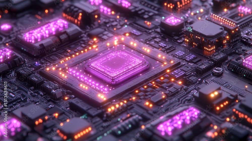 Poster futuristic microchip motherboard with neon glowing lights technology circuitry and data transfer abs