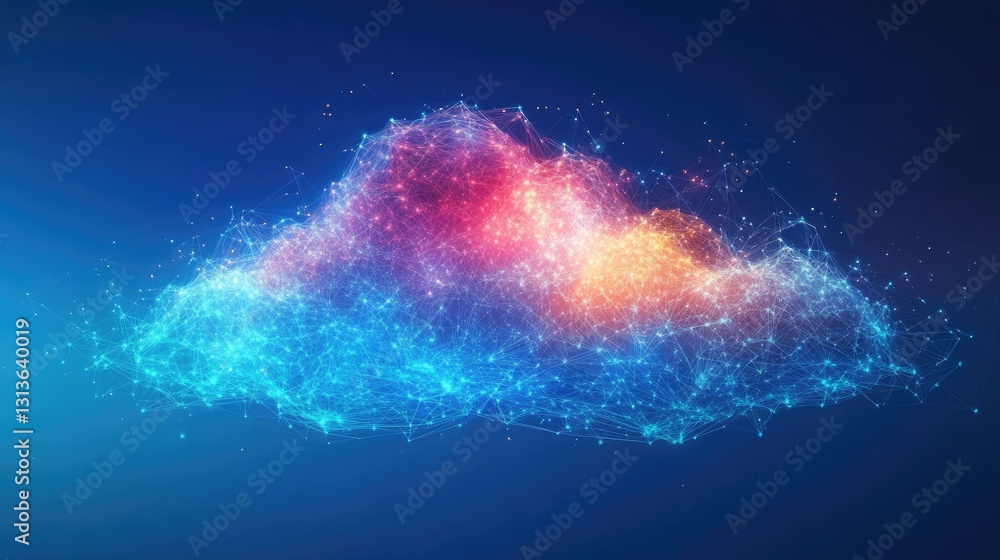 Aufkleber A dynamic digital cloud-like structure in bright colors, creating a futuristic look against a vibrant blue background.
