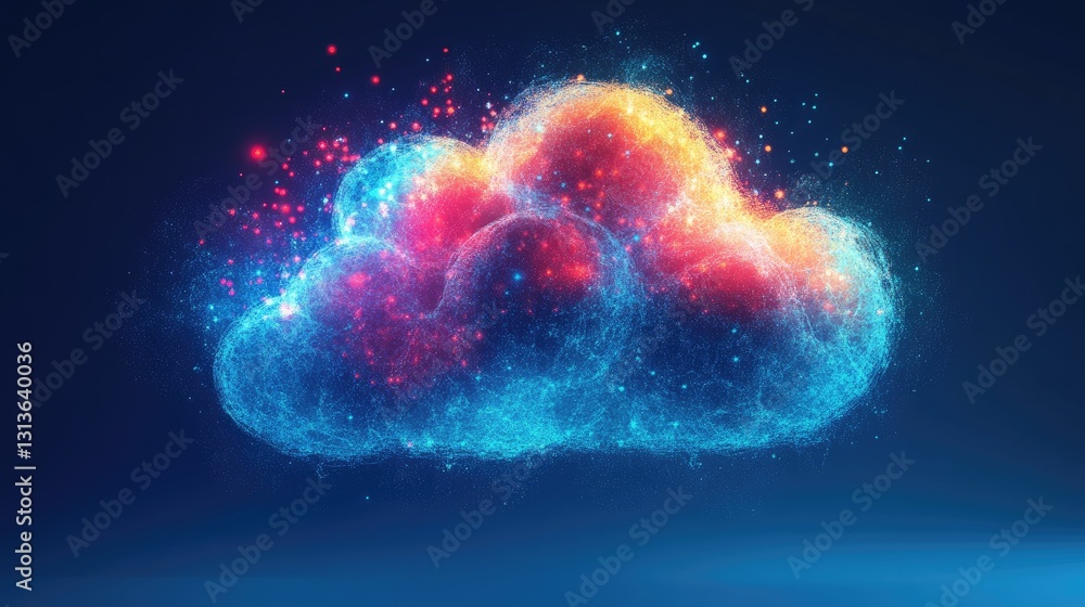 Poster A dynamic digital cloud-like structure in bright colors, creating a futuristic look against a vibrant blue background.