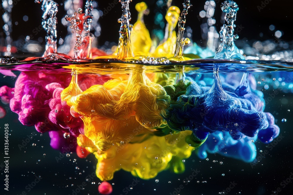 Poster a vibrant display of colorful inks dissolving in water, creating an abstract and mesmerizing underwa