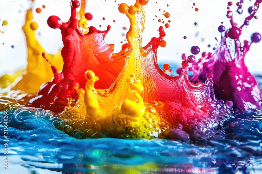 Poster a mesmerizing burst of vibrant colors exploding in liquid, showcasing a dynamic splash of red, yello