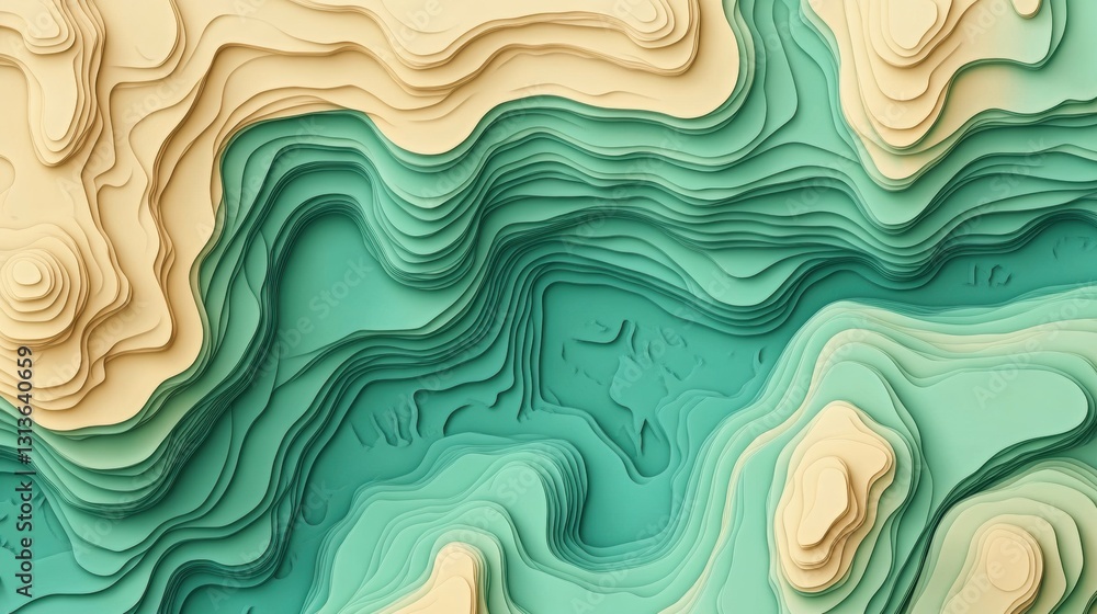 Poster abstract topographic map with layered textures in green and beige tones showcasing natural landforms