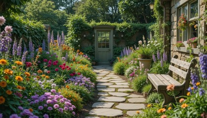 Serene Garden Pathway Surrounded by Colorful Flowers and Greenery