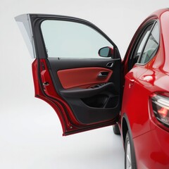 A Vibrant Red Car Door Opens To Reveal A Luxurious, Inviting Interior, Showcasing Rich Red Leather And Sleek Black Accents Against A Bright, Minimalist Backdrop