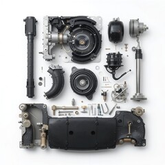 A Meticulously Disassembled Machines Intricate Components Revealed, Showcasing A Symphony Of Polished Metal And Precise Engineering With Soft Light And A Clean White Background