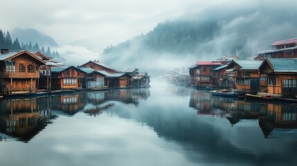 Obraz premium Serene Misty Morning at Floating Wooden Houses on Calm Lake with Mountains in Background