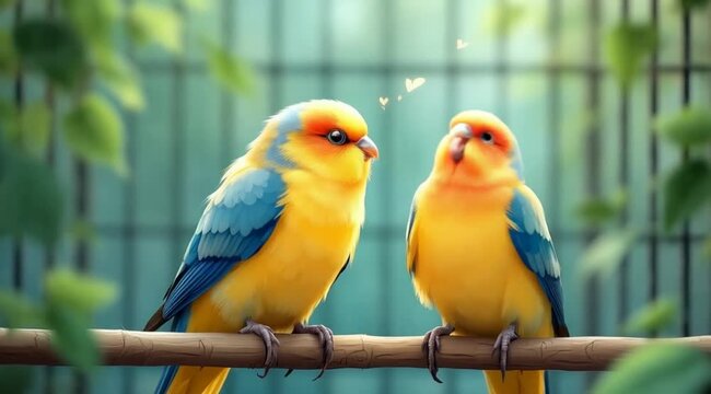 Two sun parakeets perched on a branch, interacting in a lush garden, perfect for greeting cards or social media