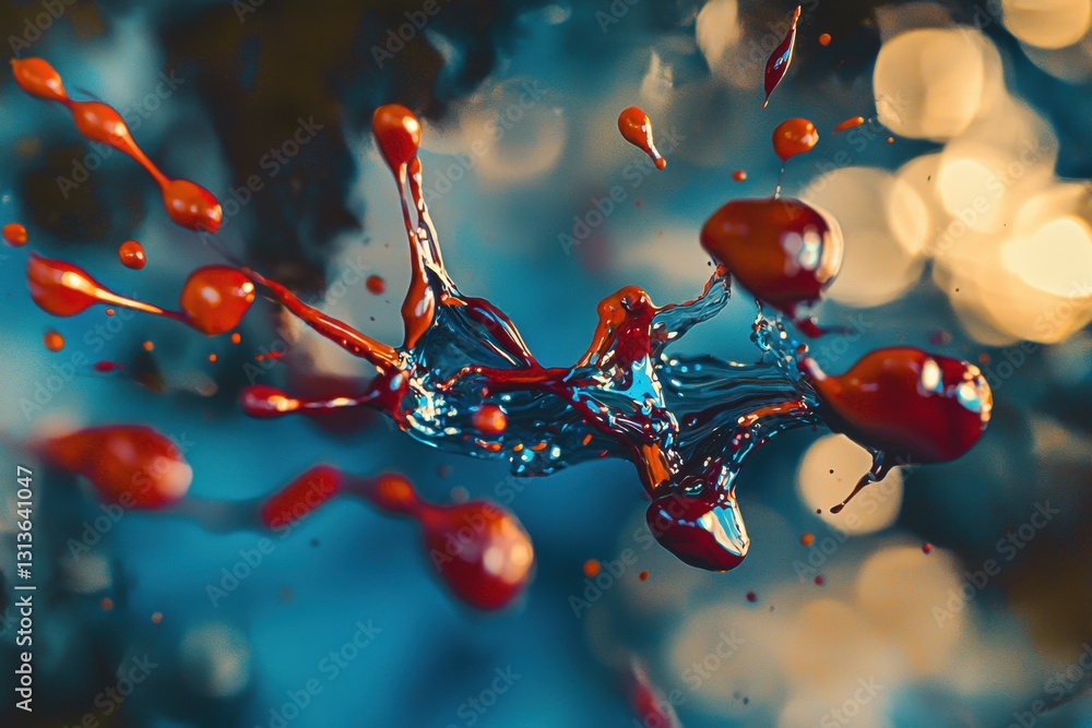 Poster dynamic macro shot captures the collision of vibrant red liquid drops with splashes of water, suspen