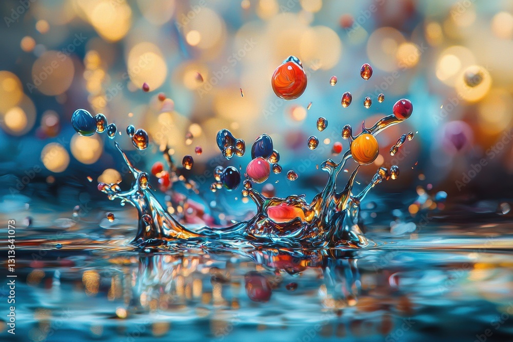 Aufkleber a mesmerizing water splash captured with suspended colorful spheres, creating a dynamic and vibrant 