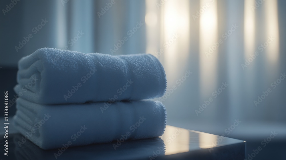 Poster soft white towels stacked neatly on a bathroom counter with gentle light filtering through curtains