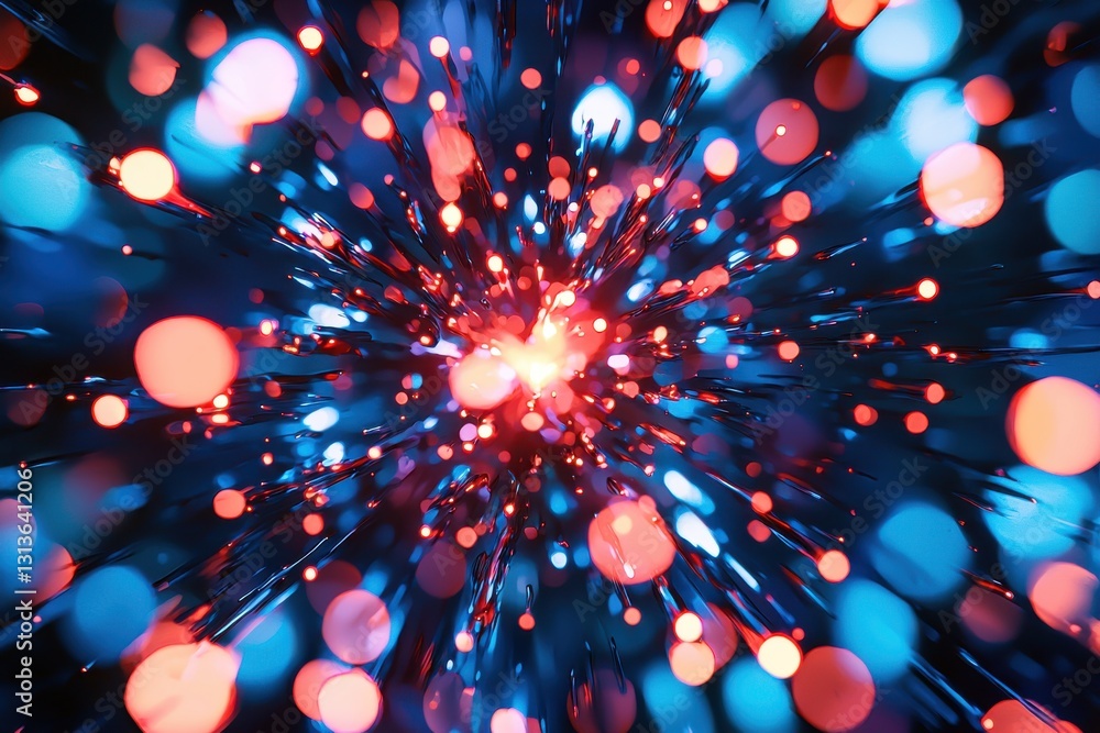 Poster abstract sparkling blue and red light streaks converging at a central point, creating a dynamic and 