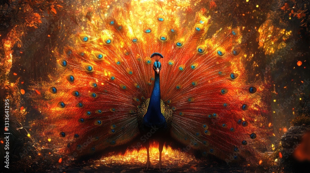 Poster a fiery-plumed peacock spreading its vibrant feathers in a dramatic, fantasy-inspired setting, perfe