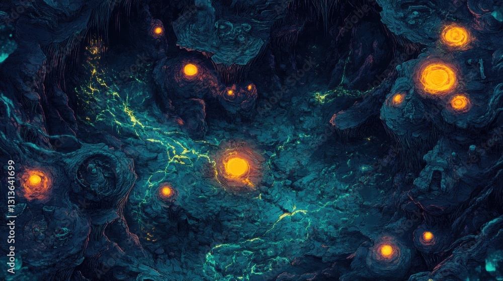 Poster surreal underworld landscape with glowing orbs and vibrant colors surrounding mysterious caverns and
