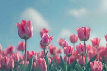 Obraz premium Beautiful tulips in a field, landscape with romantic sky. AI generative