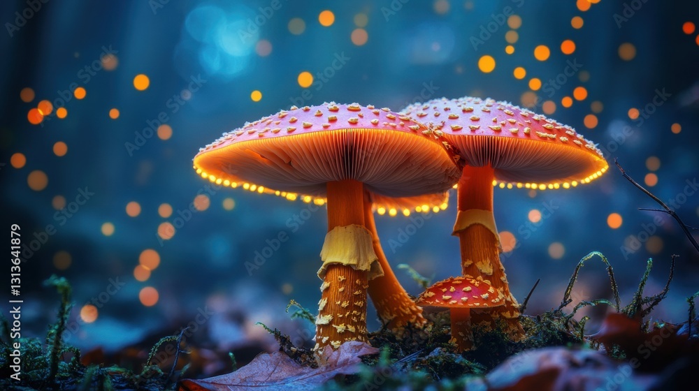 Poster vibrant glowing mushrooms in a mystical forest with soft bokeh lights and enchanting atmosphere capt