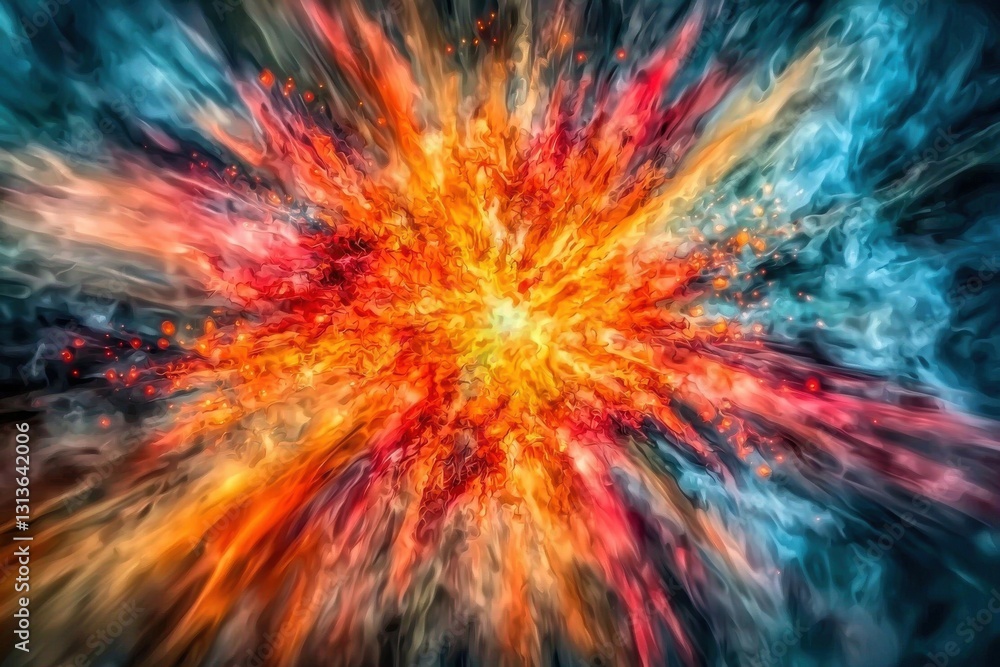 Poster a dynamic burst of vibrant orange and red hues emanating from a central point, surrounded by cool bl