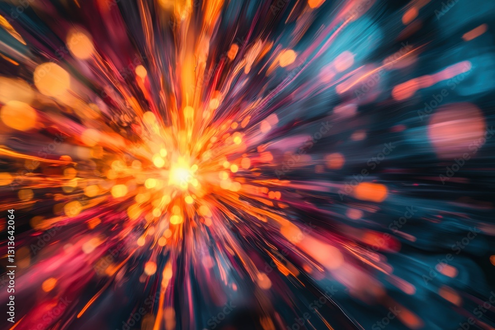Poster an abstract explosion of vibrant light, with bursts of orange, red, and blue shooting from a central