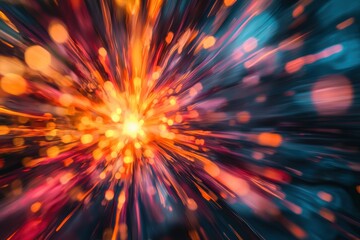 An abstract explosion of vibrant light, with bursts of orange, red, and blue shooting from a central point, creating a dynamic and energetic visual display.