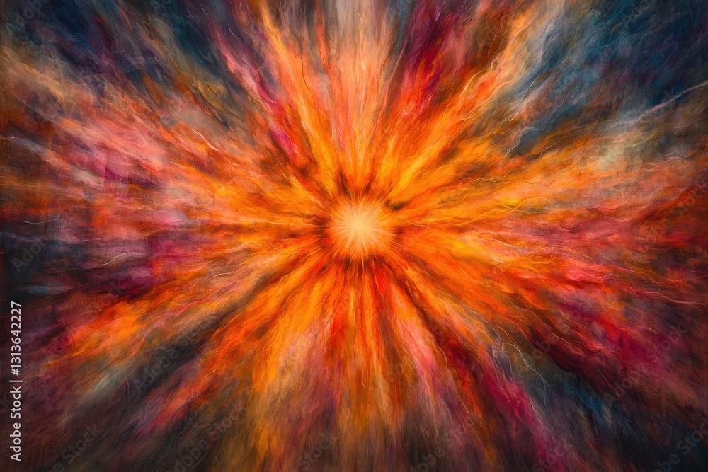 Poster a vibrant and abstract painting featuring a central burst of warm colors radiating outwards, creatin