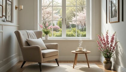 Cozy Living Room with Armchair and View of Blooming Trees
