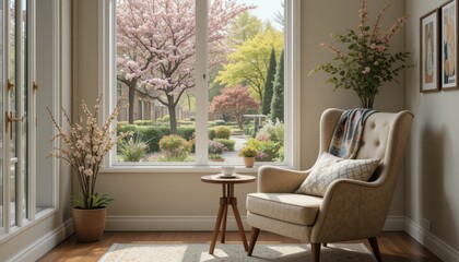 Cozy Armchair by Window with Beautiful Spring Garden View