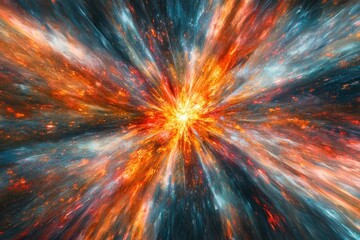 A brilliant supernova explosion in deep space, with fiery orange and vibrant blue energy emanating from a central star, creating a spectacular cosmic display.
