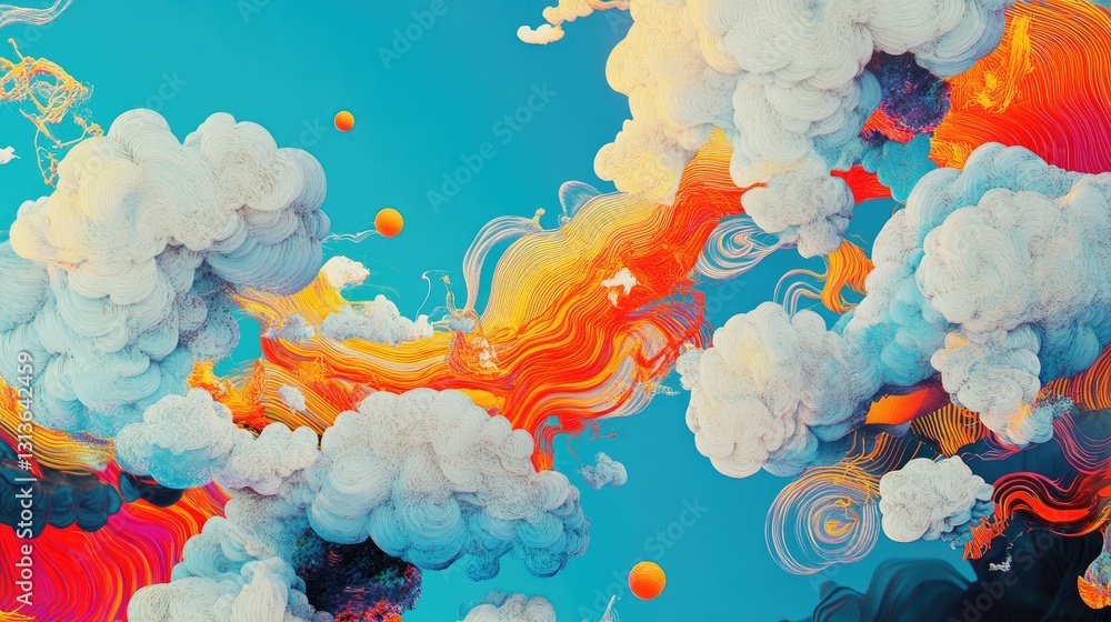 Poster a futuristic digital art piece featuring cloud-like shapes with vibrant colors and swirling patterns