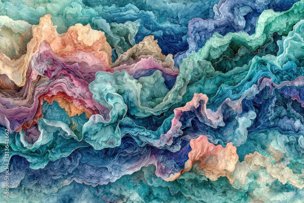 Poster abstract fluid art with layered textures and swirls in pastel colors, creating a mesmerizing and dre