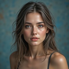 A Captivating Young Woman With Radiant Skin And Tousled Brown Hair Gazes Directly At The Camera, Showcasing Her Natural Beauty Against A Softly Blurred Teal Backdrop