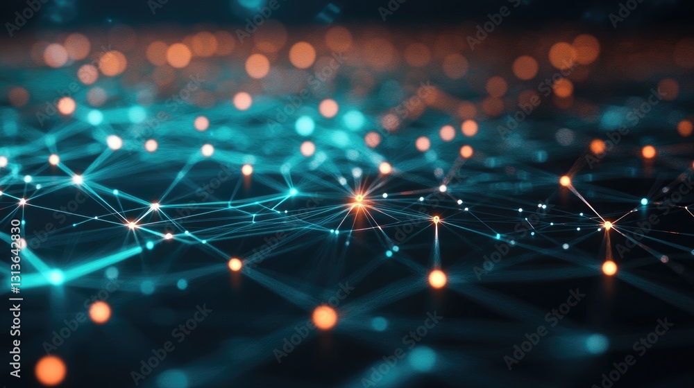 Poster A futuristic technology background featuring an abstract digital network with glowing nodes and connections, symbolizing digital advancement.