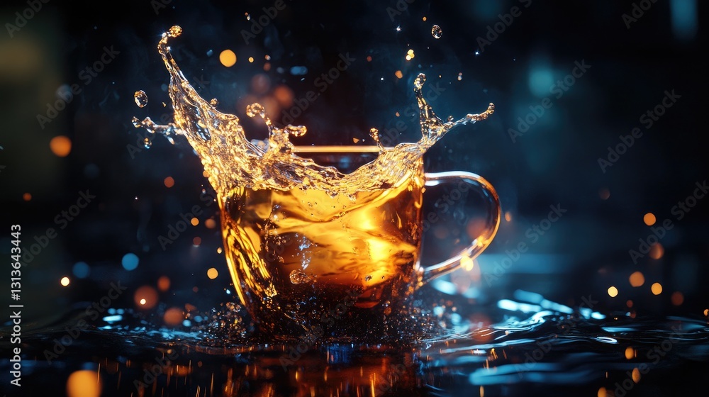Aufkleber a glowing liquid splashing from a mug in mid-air, with droplets sparkling in the darkness, creating 