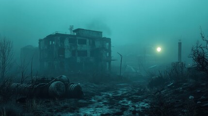 Abandoned Industrial Site Under Foggy Sky with Dilapidated Buildings and Overgrown Vegetation in Eerie Green Atmosphere