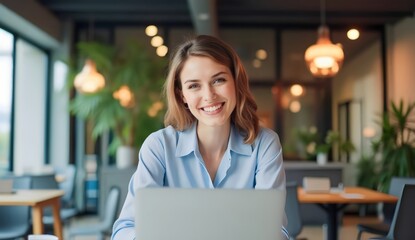 Confident businesswoman looking cheerful while typing on a laptop in a modern workspace