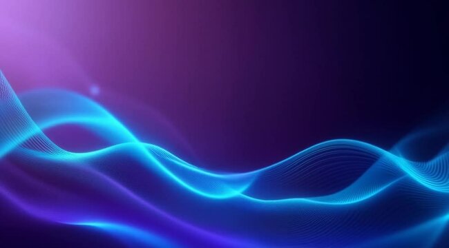 Abstract glowing blue waves, dark purple background, digital art, website header
