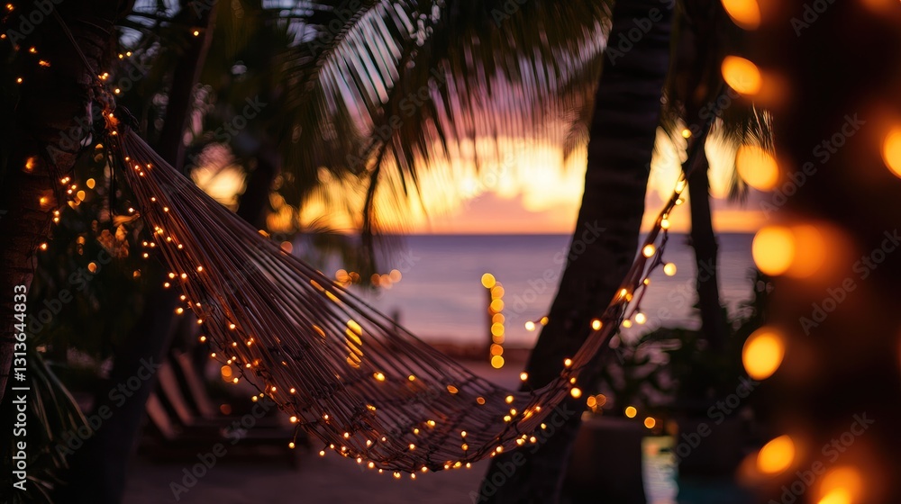 Poster a hammock adorned with fairy lights, swaying gently between palm trees on a tropical beach at sunset