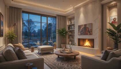 Cozy Modern Living Room with Fireplace and Natural Light