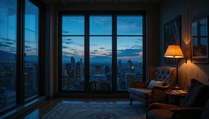 Cozy Living Room with Scenic City View at Dusk and Warm Light