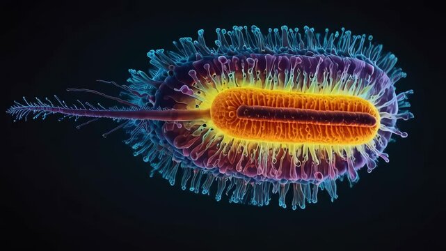 Vivid colors highlight the intricate structure of a bacterium, showcasing its unique features under a microscope. This dazzling display emphasizes life at a microscopic level.