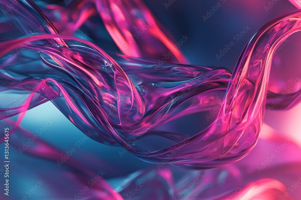 Poster an abstract and vibrant display of flowing translucent forms in shades of pink and blue, creating a 