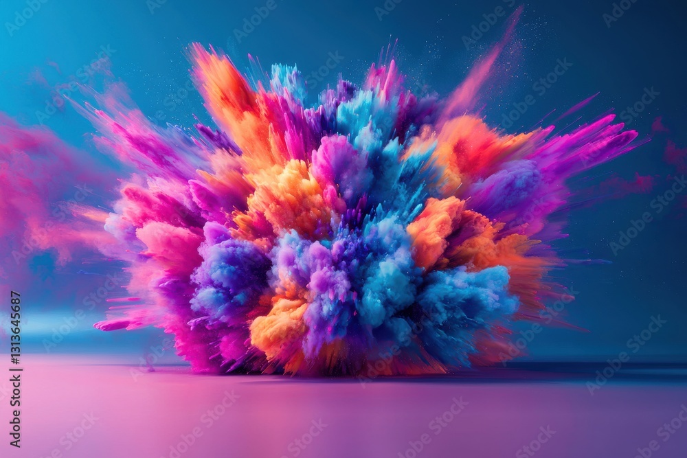 Poster a vibrant and dynamic explosion of colorful powder, creating a striking visual spectacle against a s