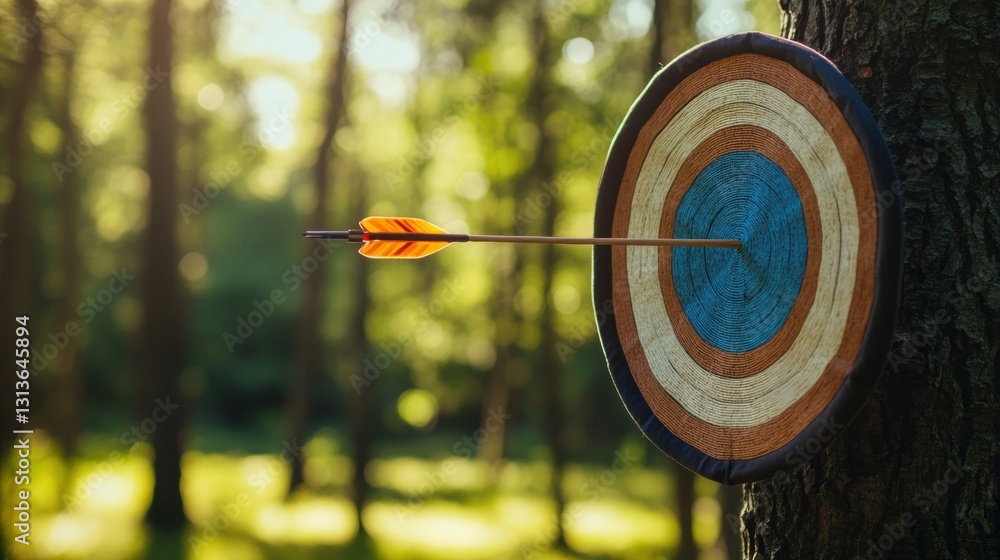 Poster close-up of archery target with arrow embedded in wood, surrounded by lush green forest, soft natura