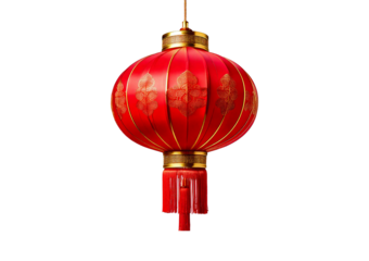 Chinese red lanterns with gold trim 3D, isolated on transparent or white background