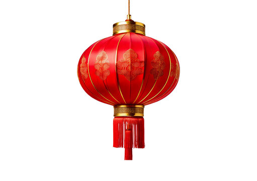 Chinese red lanterns with gold trim 3D, isolated on transparent or white background