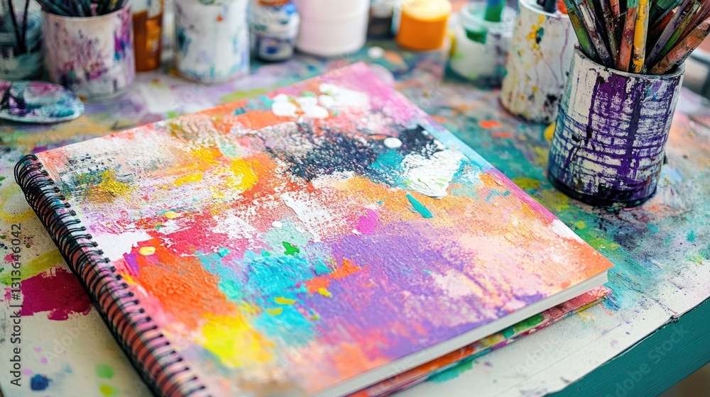 Poster a lively and colorful art journal with mixed media, placed on a creative workspace, showcasing artis