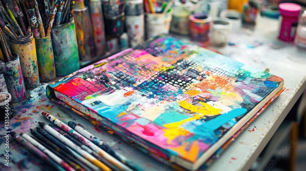 Poster a lively and colorful art journal with mixed media, placed on a creative workspace, showcasing artis