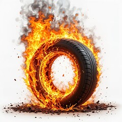 A Burning Tire Engulfed In Fiery Flames, A Dramatic Symbol Of Intense Heat And Destructive Power, Set Against A Stark White Background
